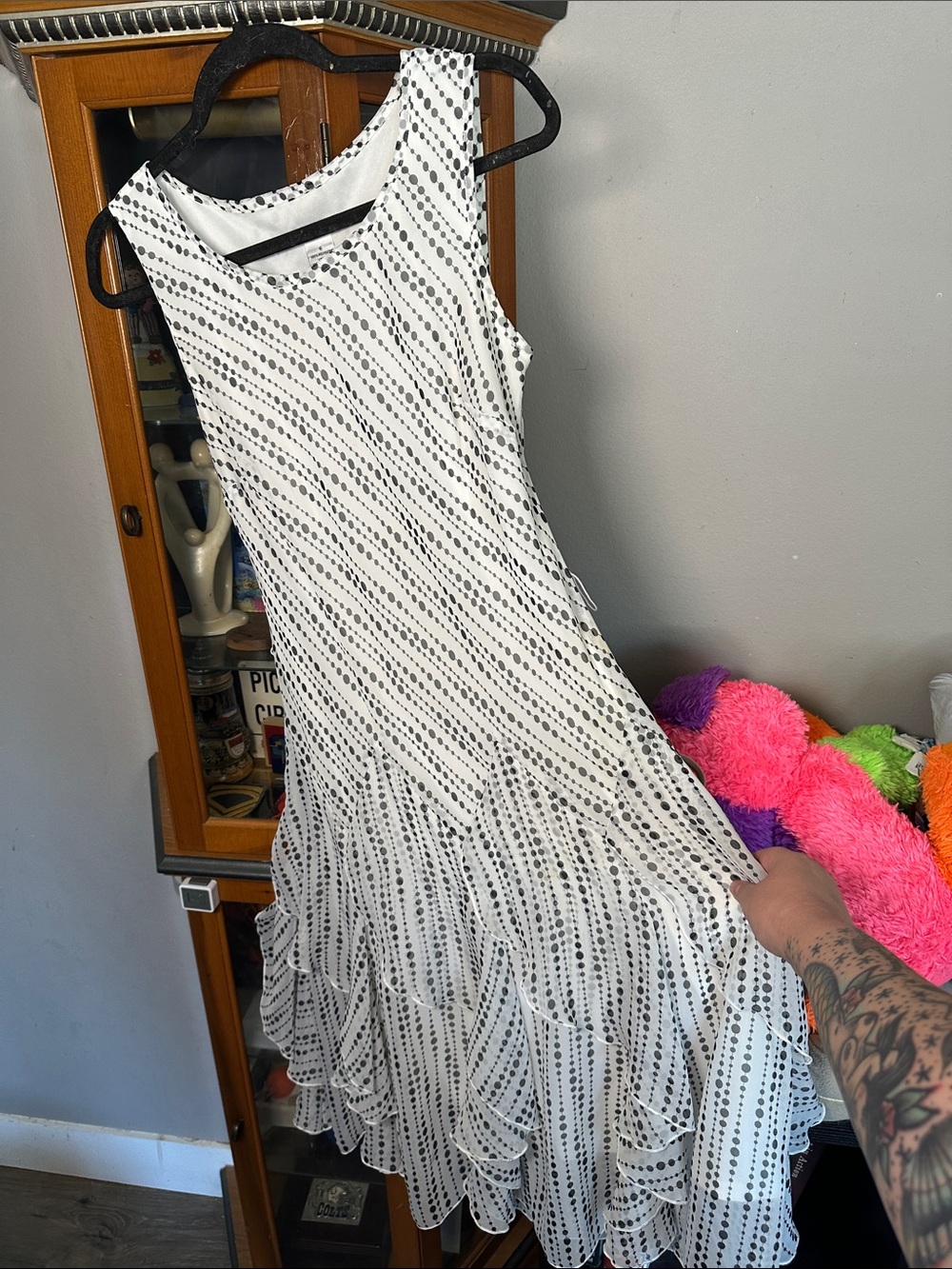Amanda Lane White Dress with Black Dot Stripe Ruffle Midi
